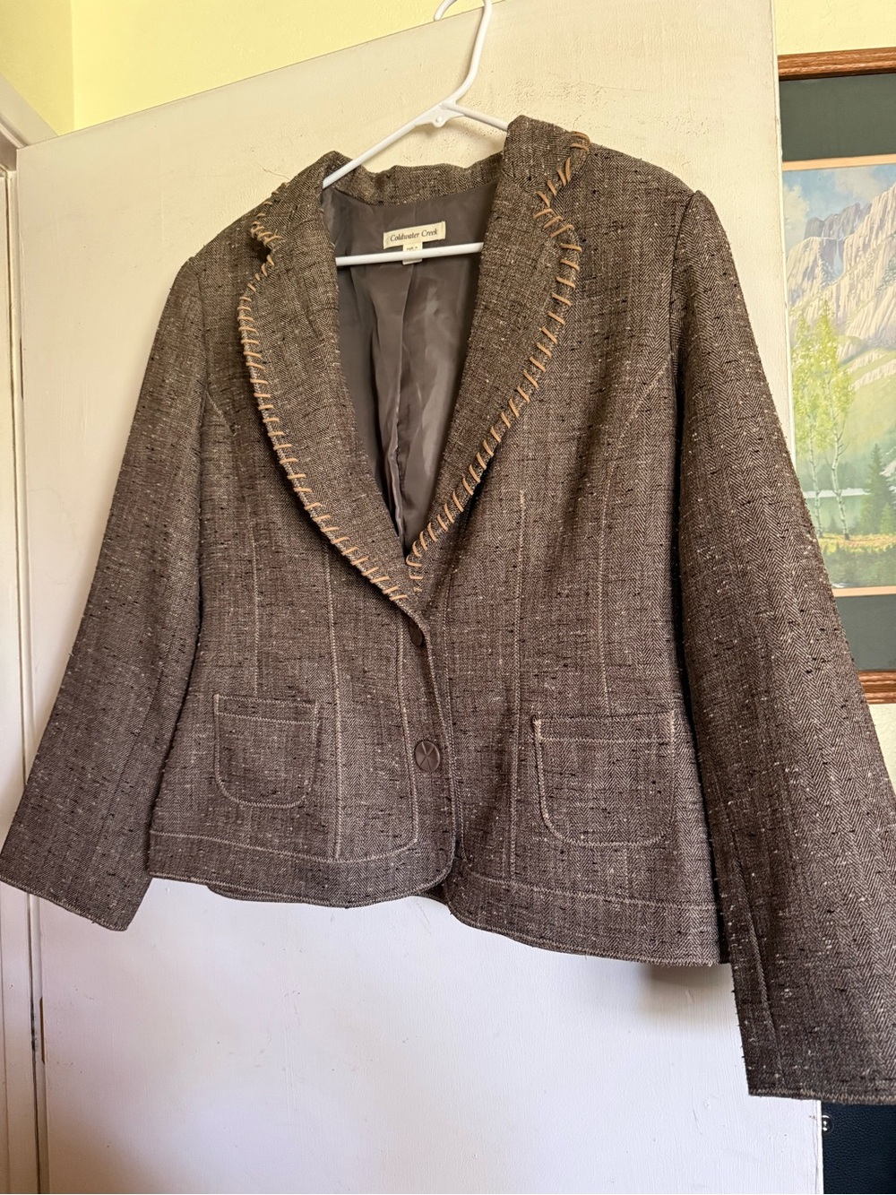 Coldwater Creek Women's Brown Tweed Blazer with Whipstitch Trim fits like 10-12